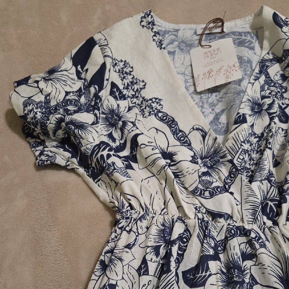NWT Spighe Di Lino Large Navy Floral Lightweight Midi Dress With Pockets - Picture 9 of 10